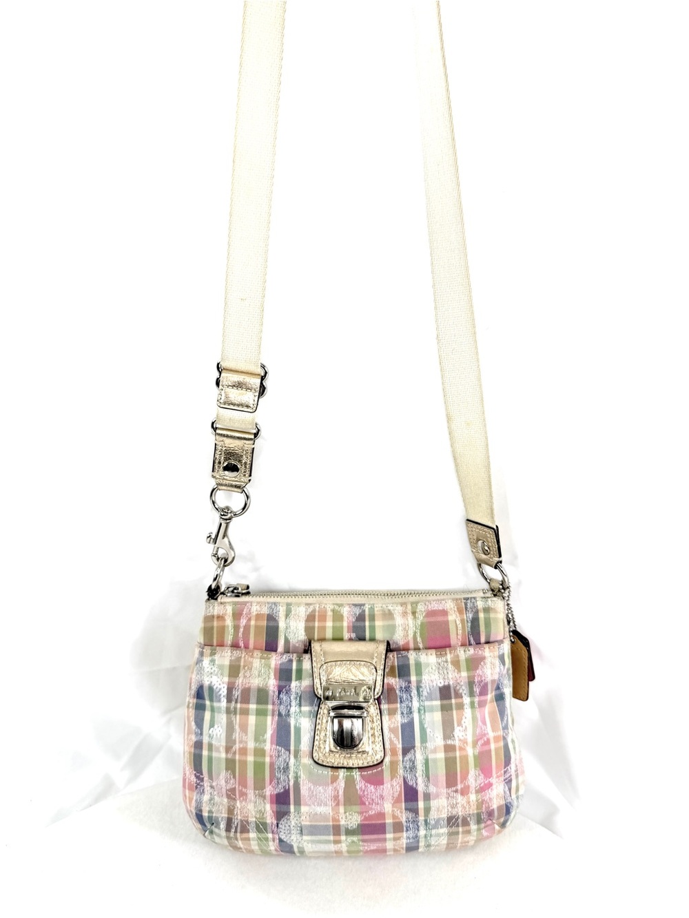 Vtg Coach Poppy Daisy Madras Pastel Plaid Small Crossbody Bag Push Lock Rare Y2K